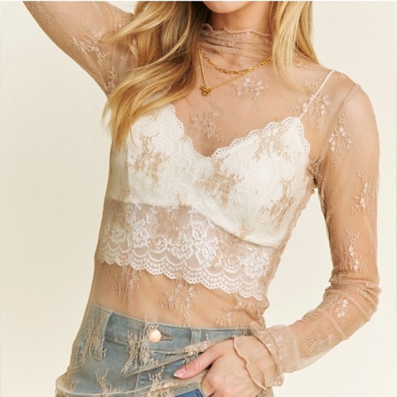 Lace Mesh Sheer Mock Top Floral Layering Stretchy Tan NEW - Picture 2 of 5